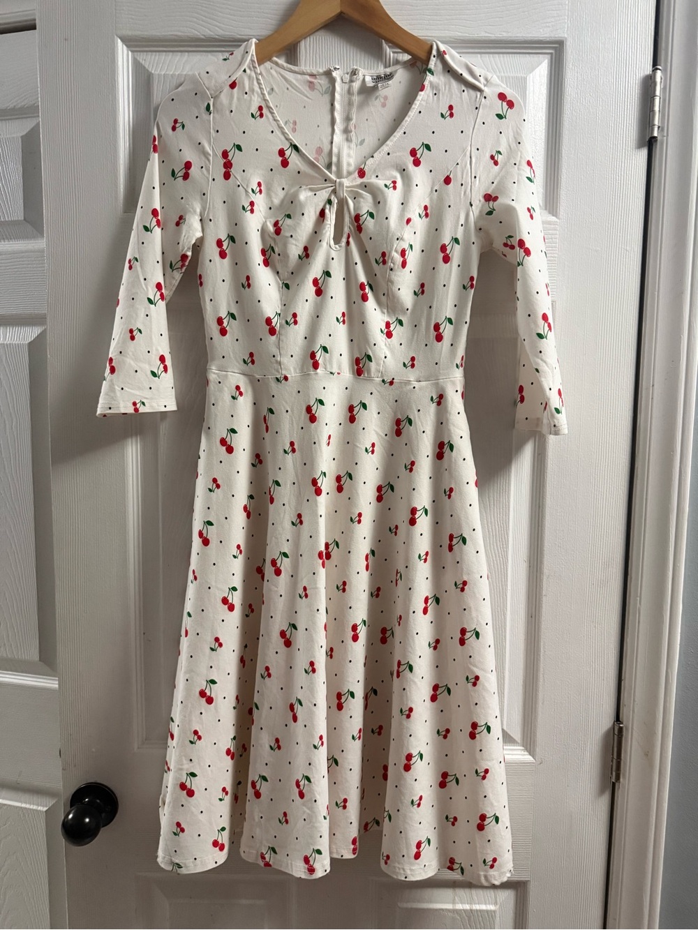 Unique Vintage Cherry Polka Dot V-Neck A-Line Midi Dress L